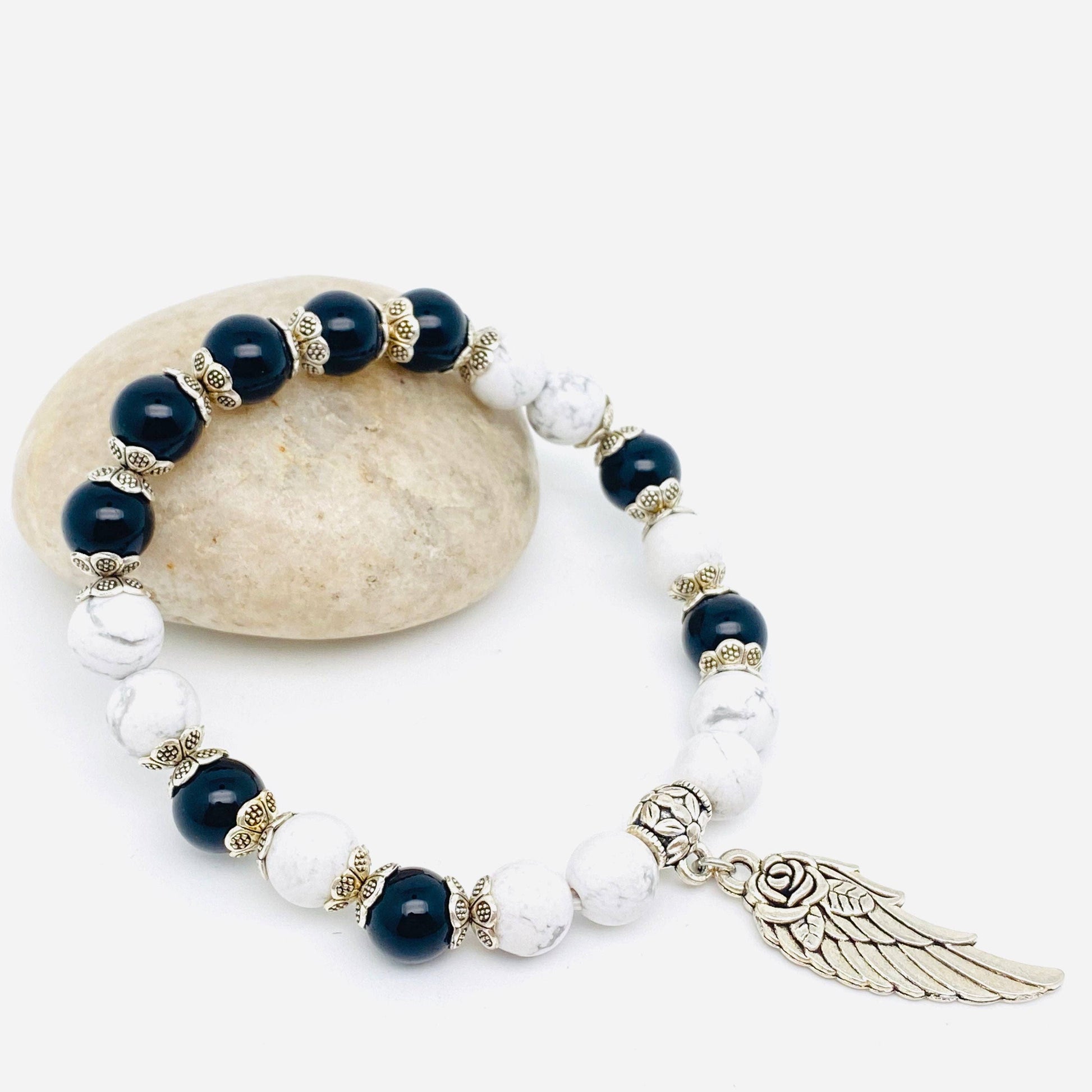 8mm Natural Stone Elastic Bracelets Wing Pendant: Red wood grain, 8MM-7.48inch