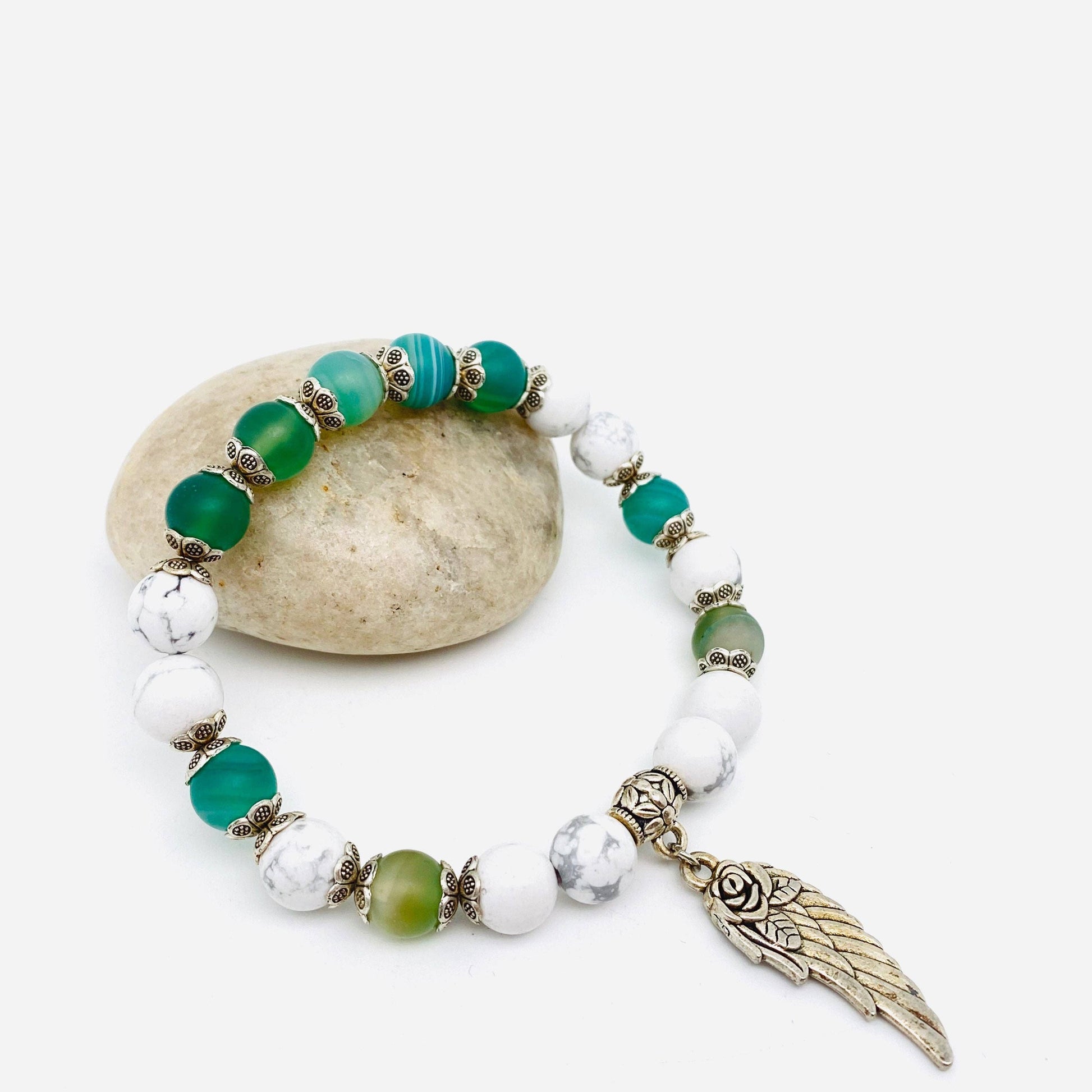 8mm Natural Stone Elastic Bracelets Wing Pendant: Tea watermelon, 19cm