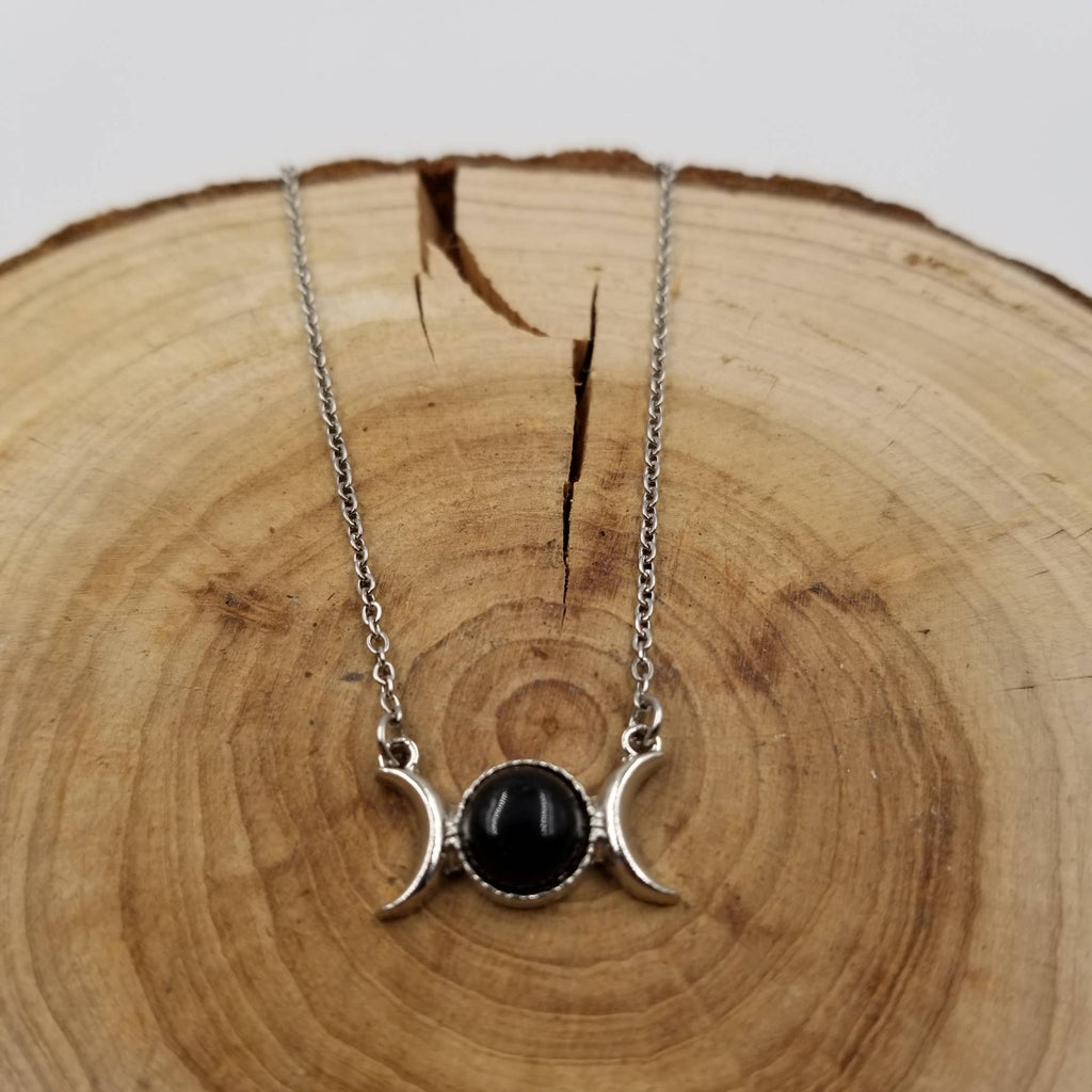 Natural Stone Double Moon Guardian Stone Necklace: Black