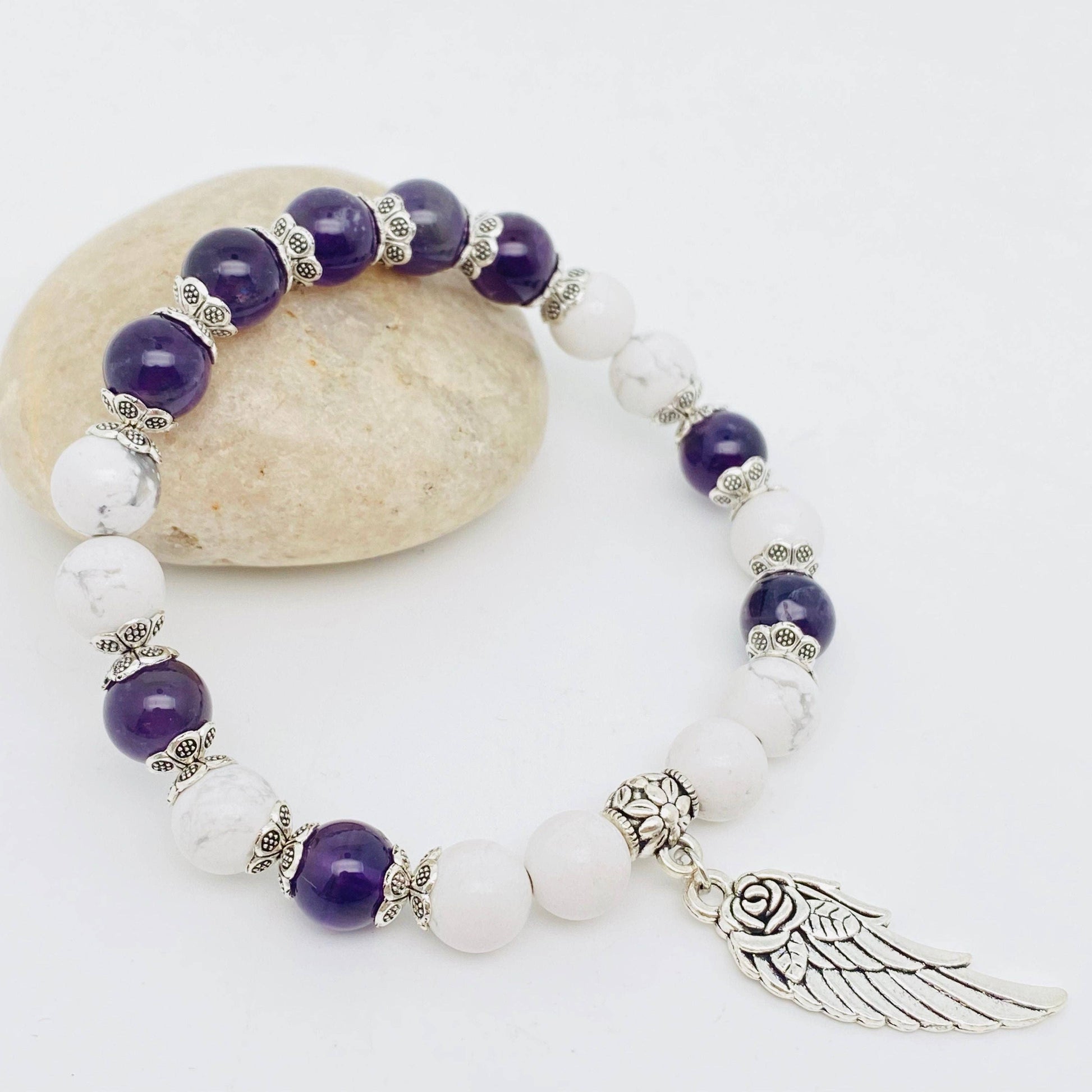 8mm Natural Stone Elastic Bracelets Wing Pendant: Tea watermelon, 19cm