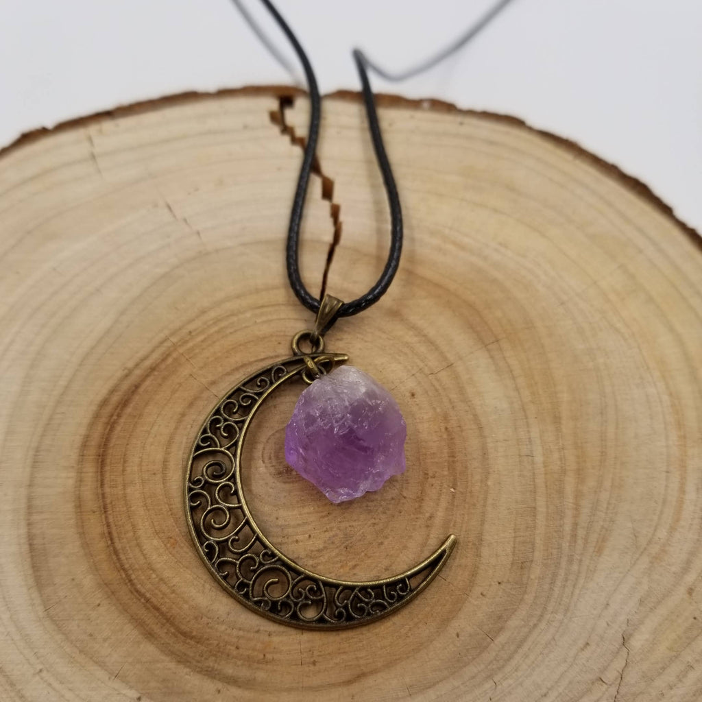 Bronze Natural Crystal Moon Pendant Necklace: Pink