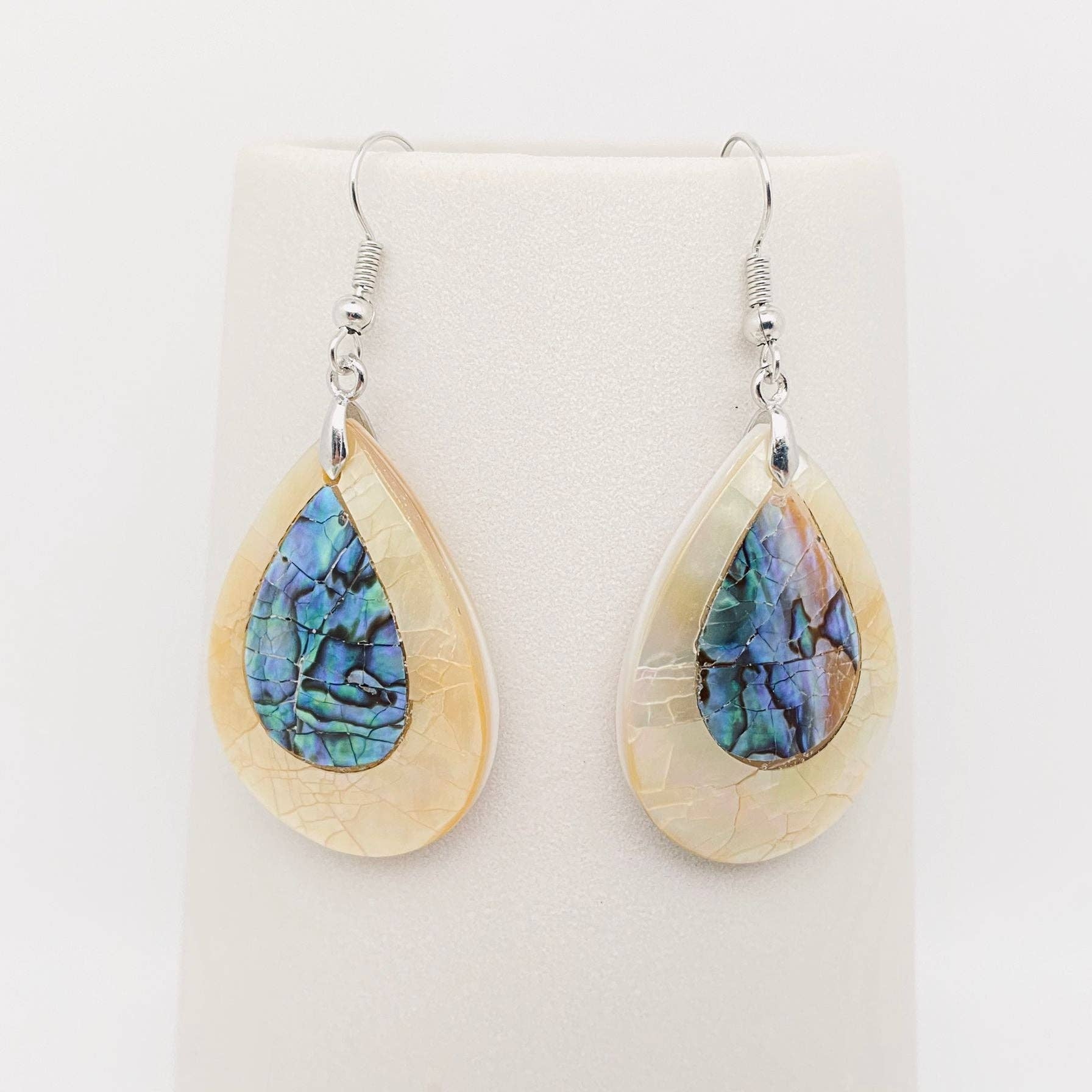 Abalone Shell Pendant Earrings - Raindrop Cream Shell Inlay