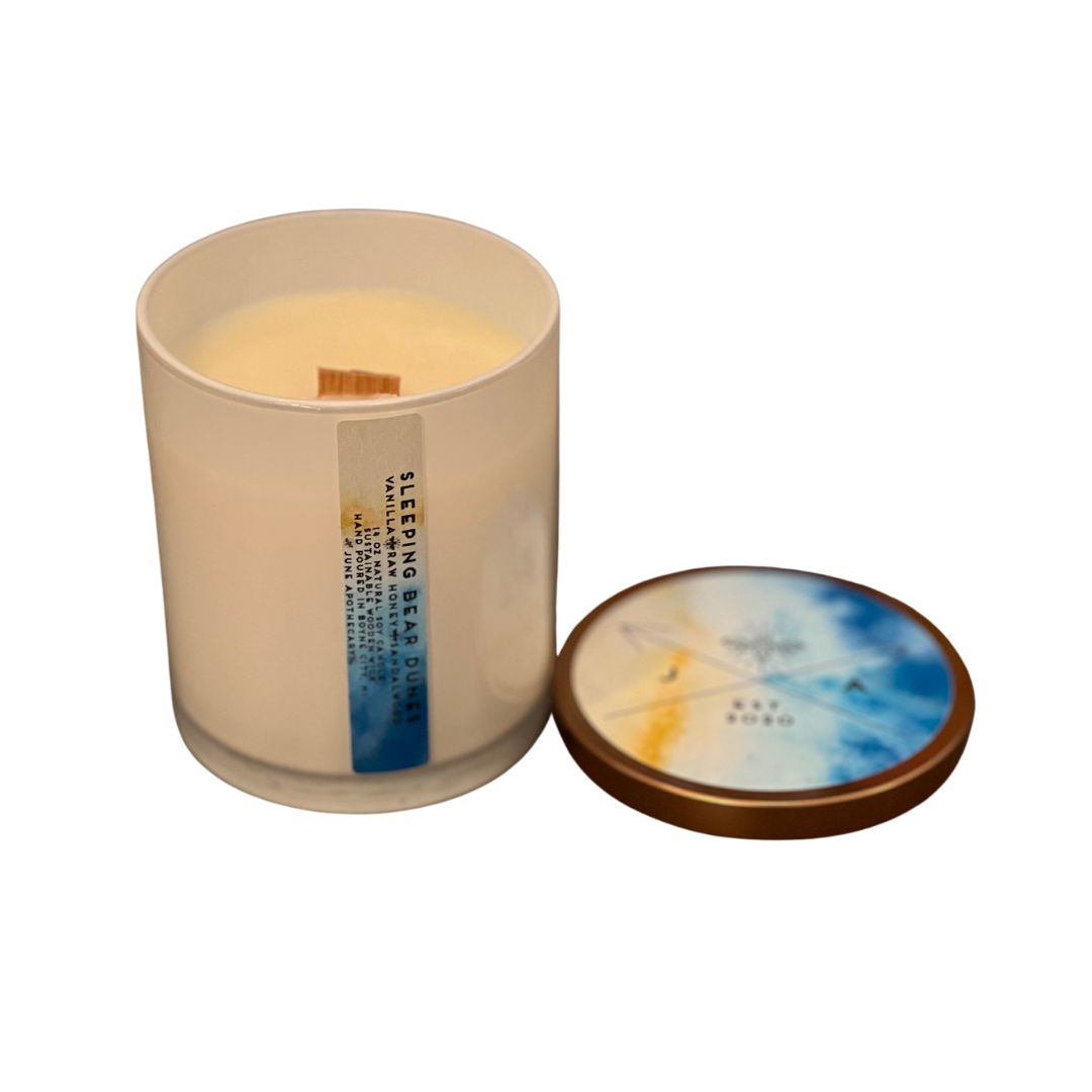 June Apothicarie Candle 12oz - Sleeping Bear Dunes White Glass Wooden Wick