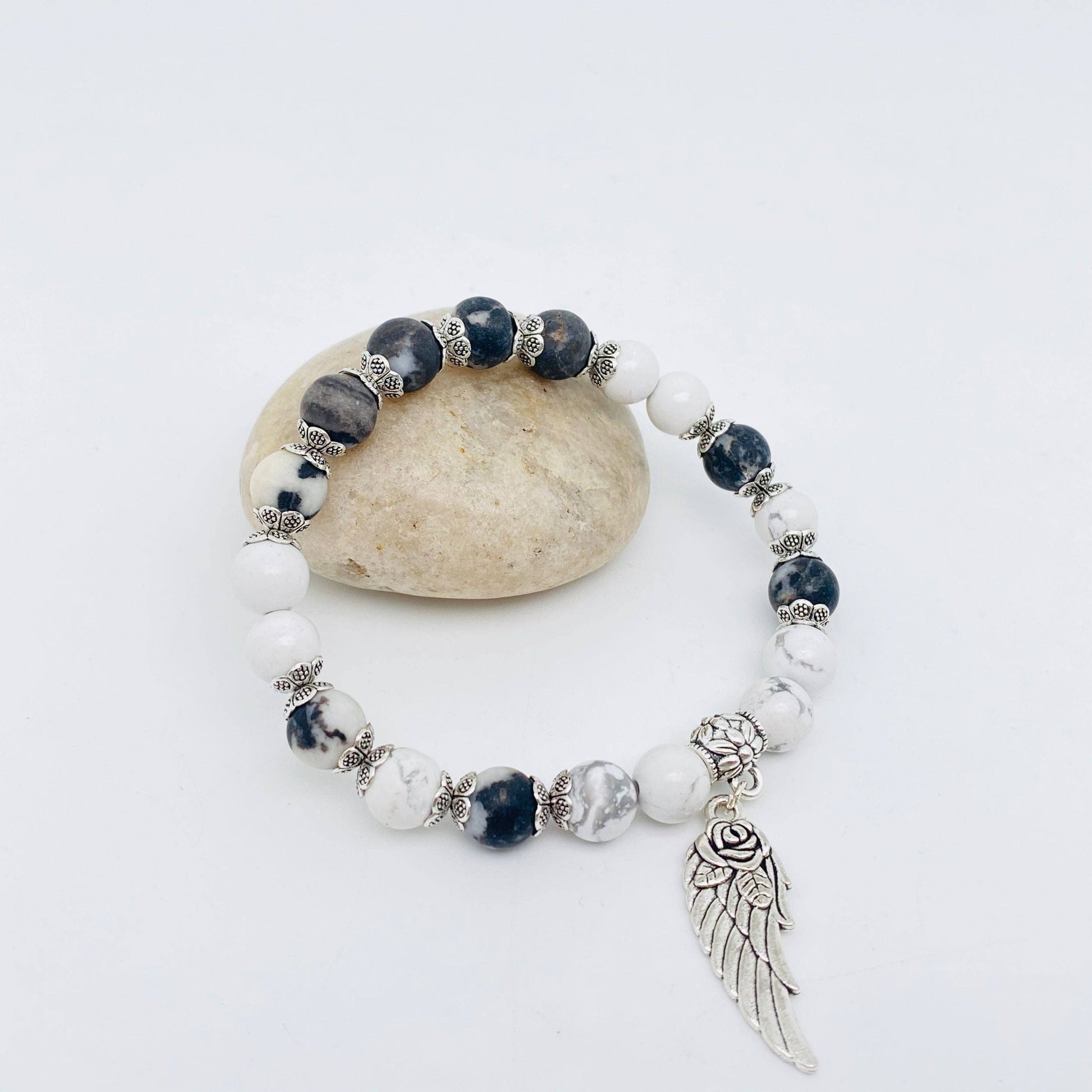 8mm Natural Stone Elastic Bracelets Wing Pendant: Green striped agate, 8MM-7.48inch