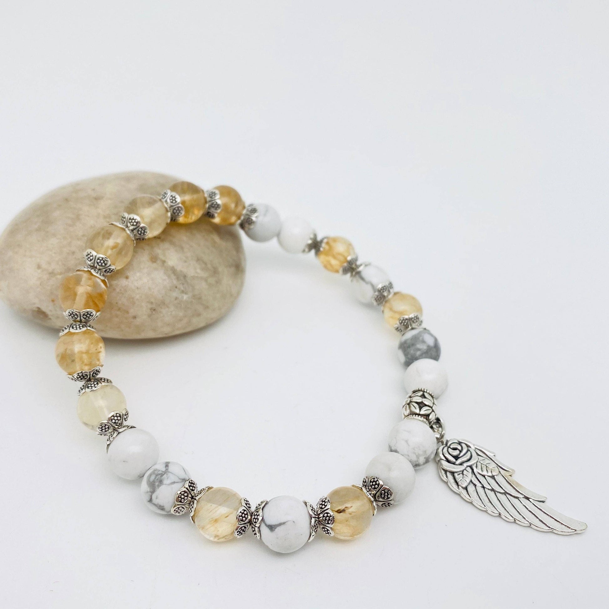 8mm Natural Stone Elastic Bracelets Wing Pendant: Tea watermelon, 19cm