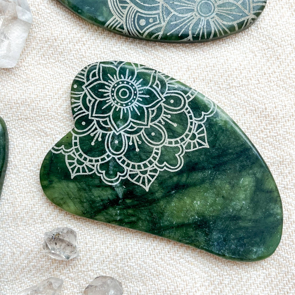 Jade Opalite Obsidian Gua Sha Stone Facial Massager Spa Gift: Mandala, Bright Green Jade