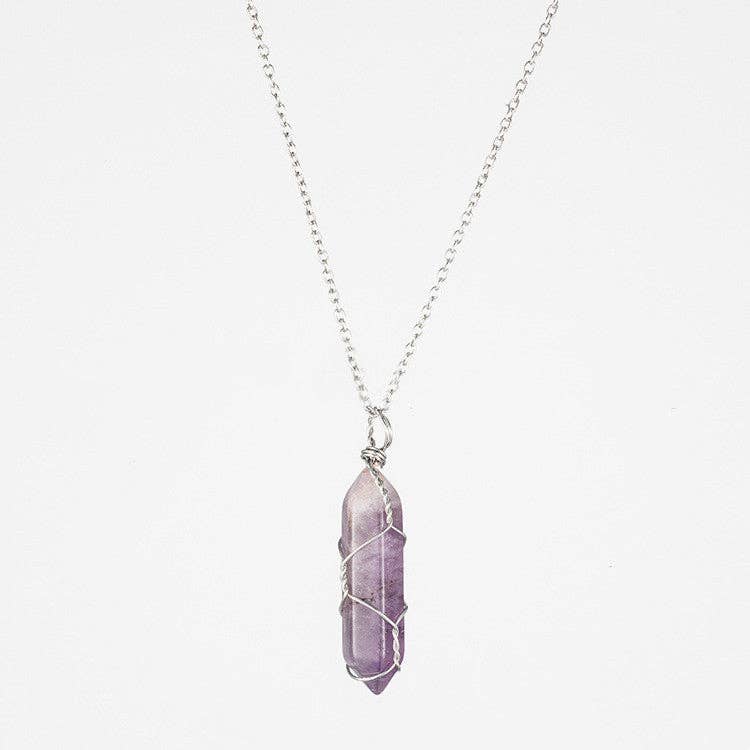 Natural Crystal Raw Stone Healing Necklace in Solid Copper: Silver, Malachite