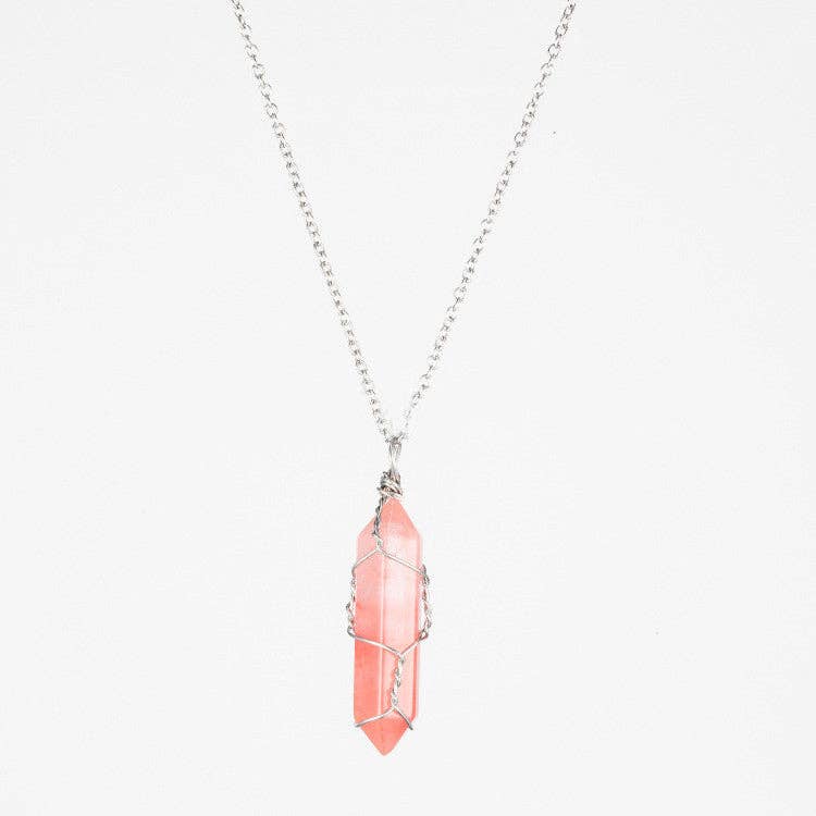 Natural Crystal Raw Stone Healing Necklace in Solid Copper: Silver, Malachite