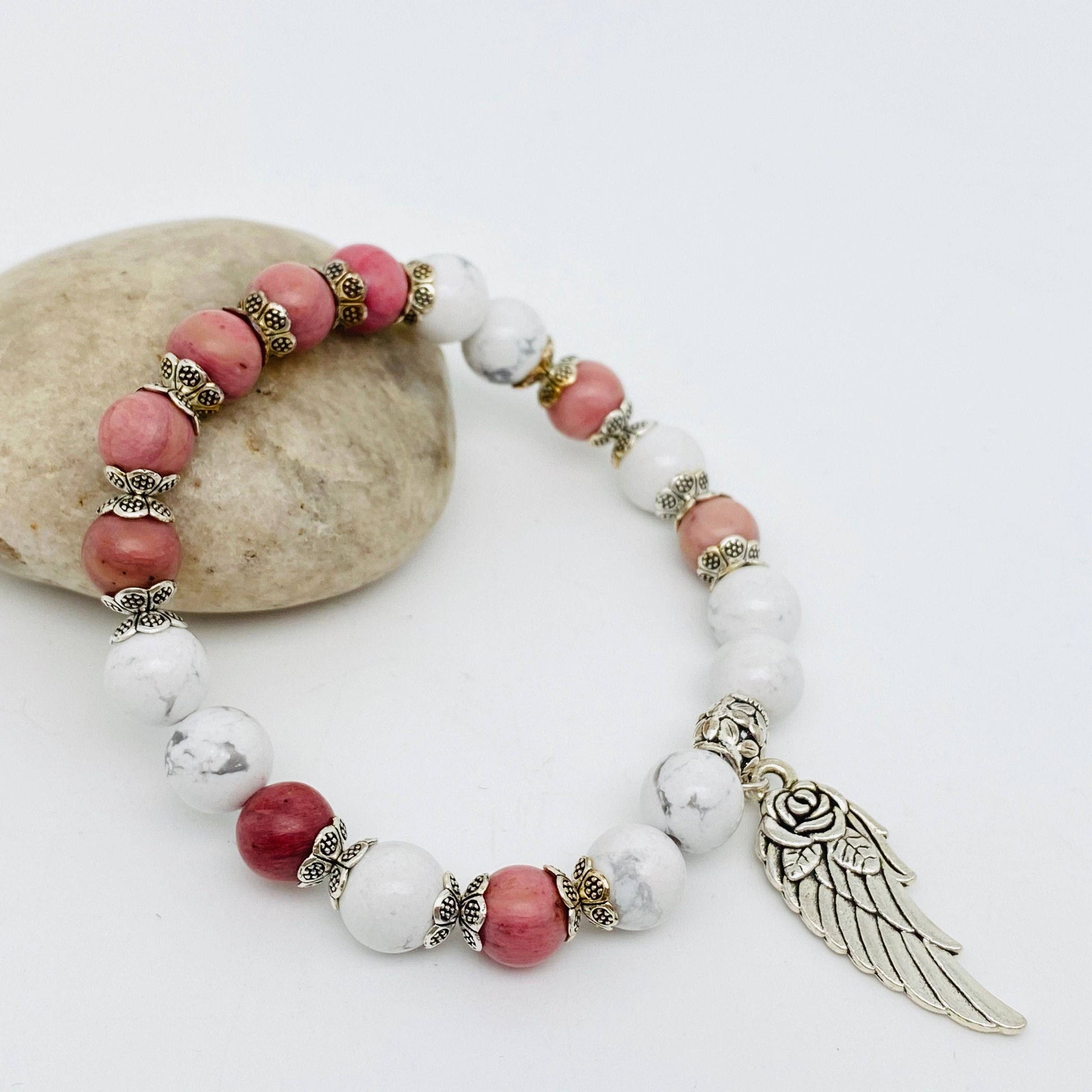 8mm Natural Stone Elastic Bracelets Wing Pendant: Black glass, 8MM-7.48inch