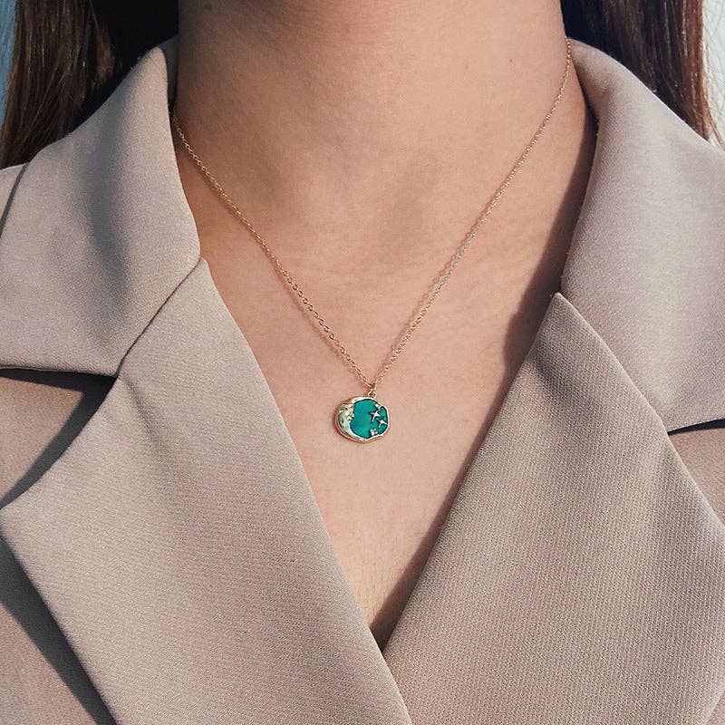 Moon Star Circle Charm Necklace in 925 Sterling Silver