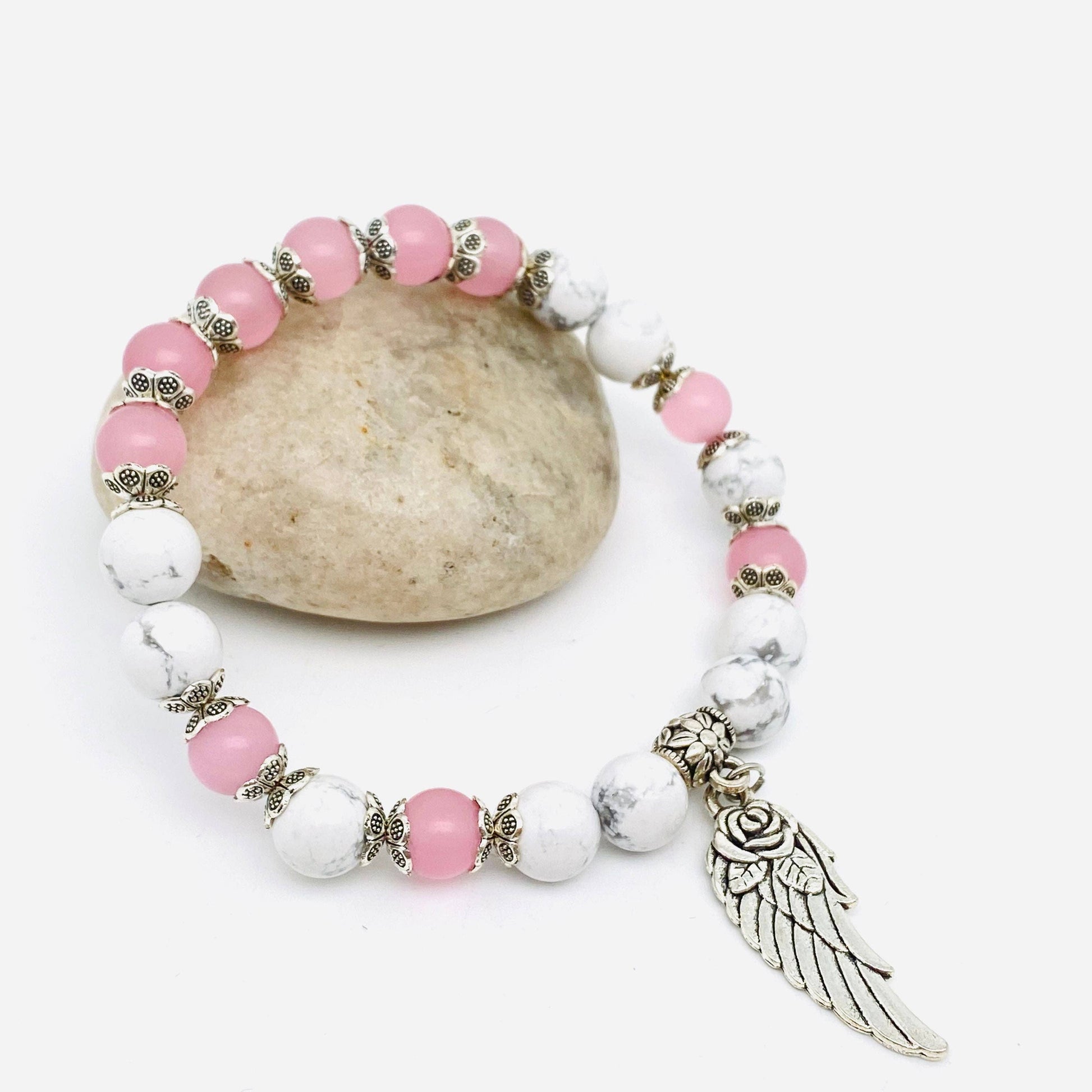 8mm Natural Stone Elastic Bracelets Wing Pendant: Tea watermelon, 19cm