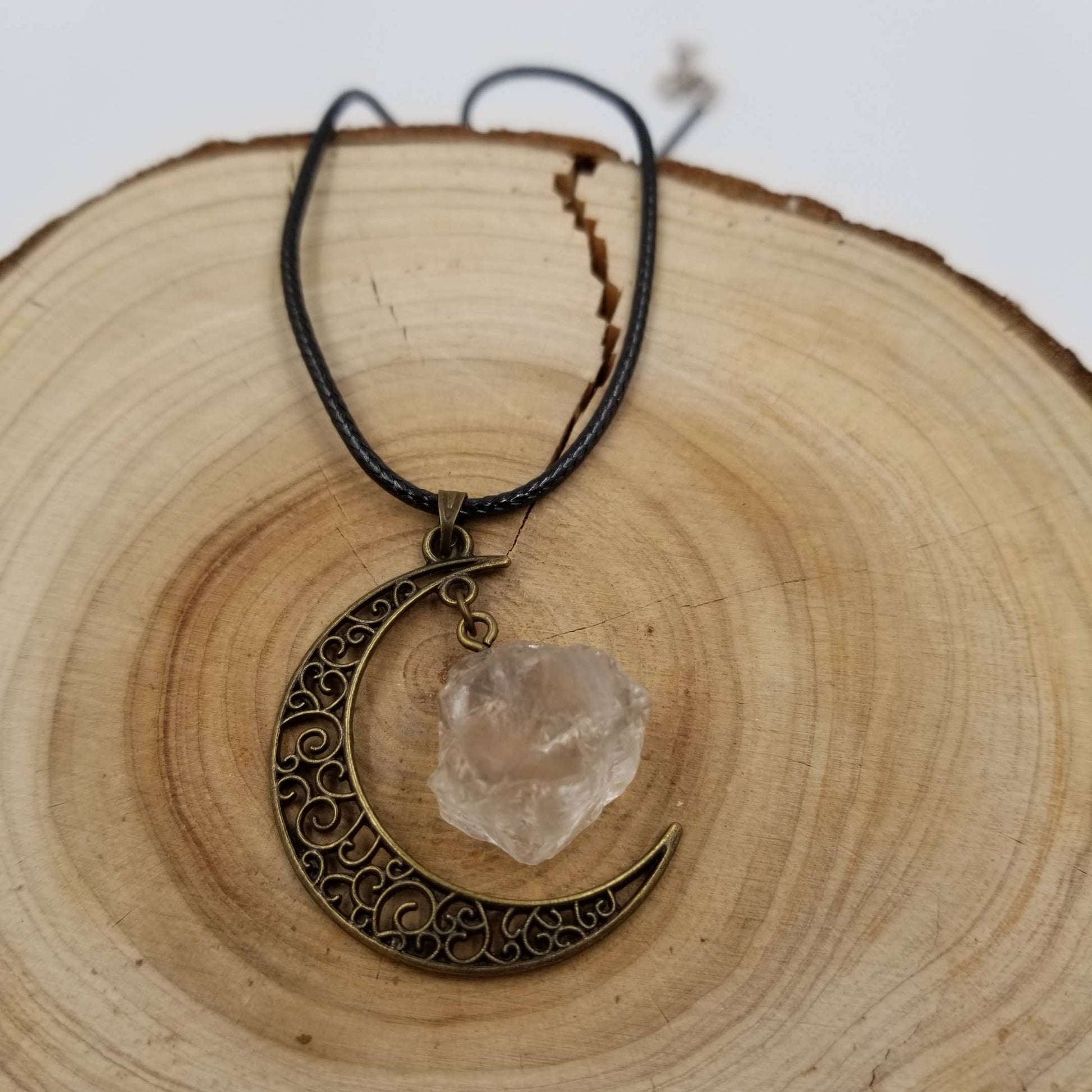 Bronze Natural Crystal Moon Pendant Necklace: Pink