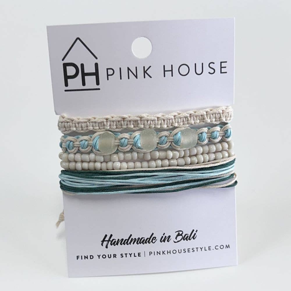 Arm Deco Beach Glass Pull Bracelets Set/4: Blue