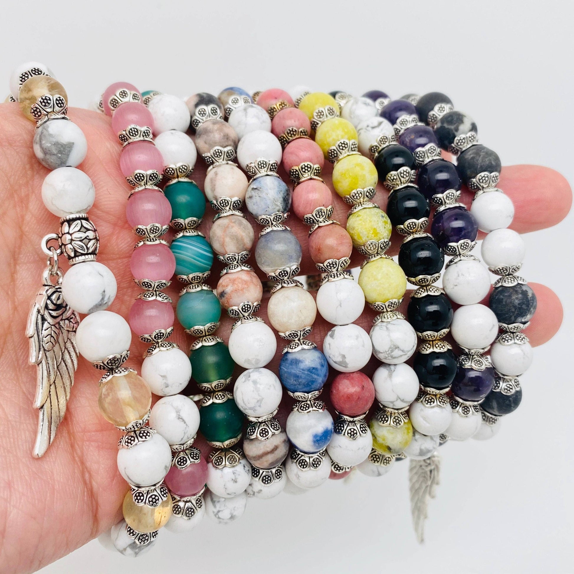 8mm Natural Stone Elastic Bracelets Wing Pendant: Blue white, 8MM-7.48inch