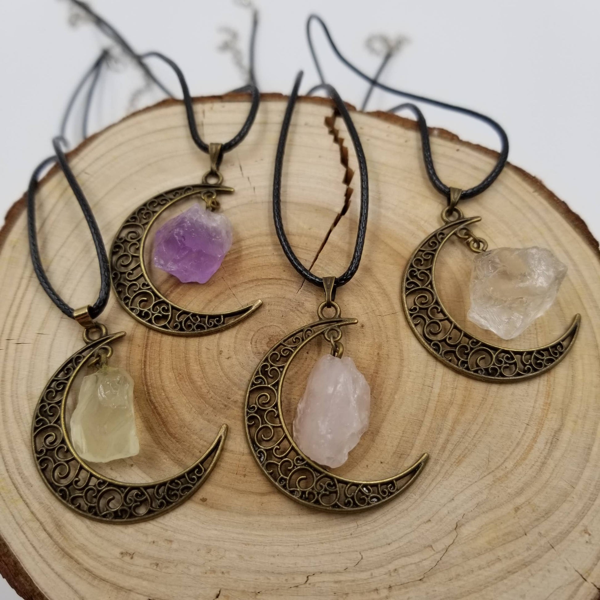 Bronze Natural Crystal Moon Pendant Necklace: Purple