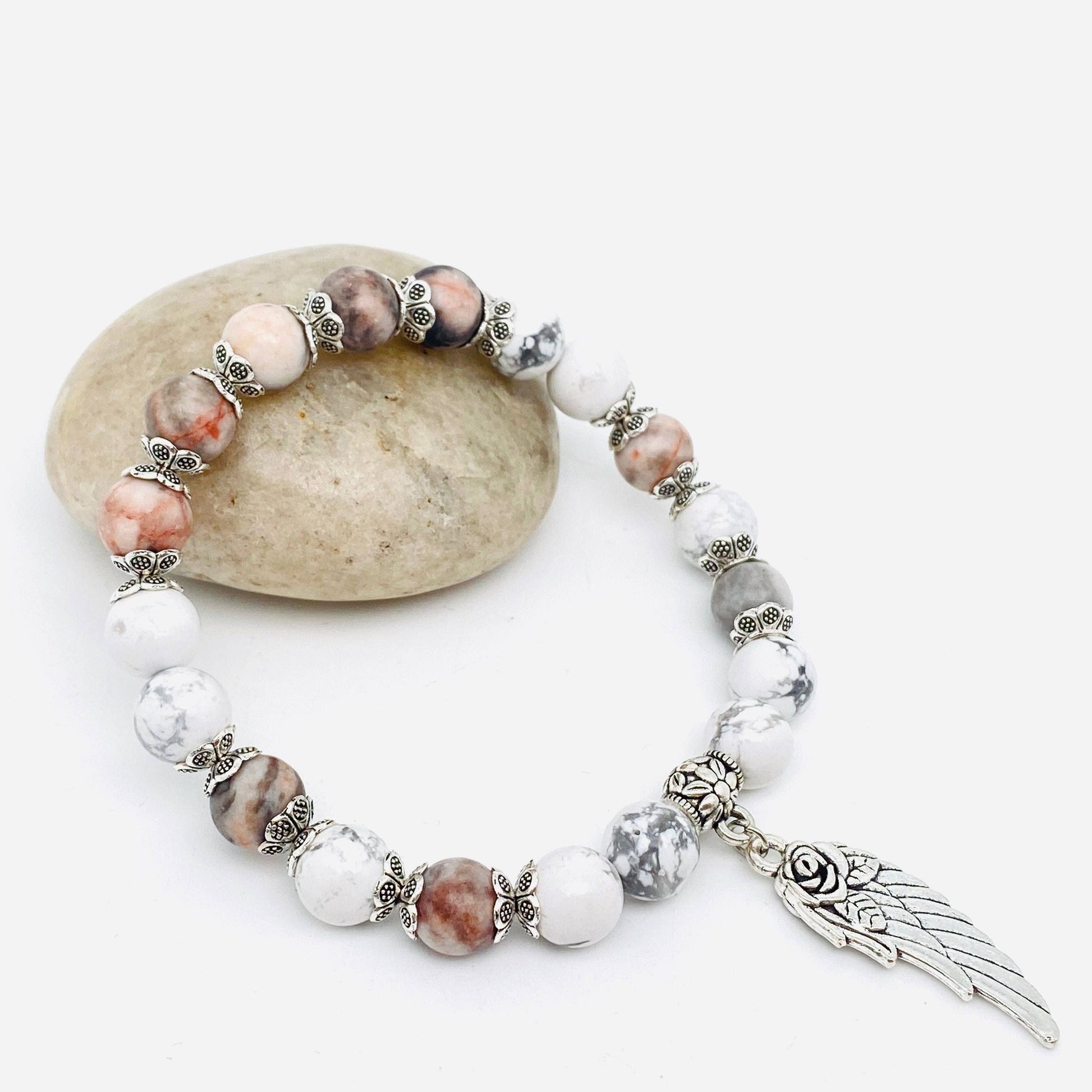 8mm Natural Stone Elastic Bracelets Wing Pendant: Green striped agate, 8MM-7.48inch