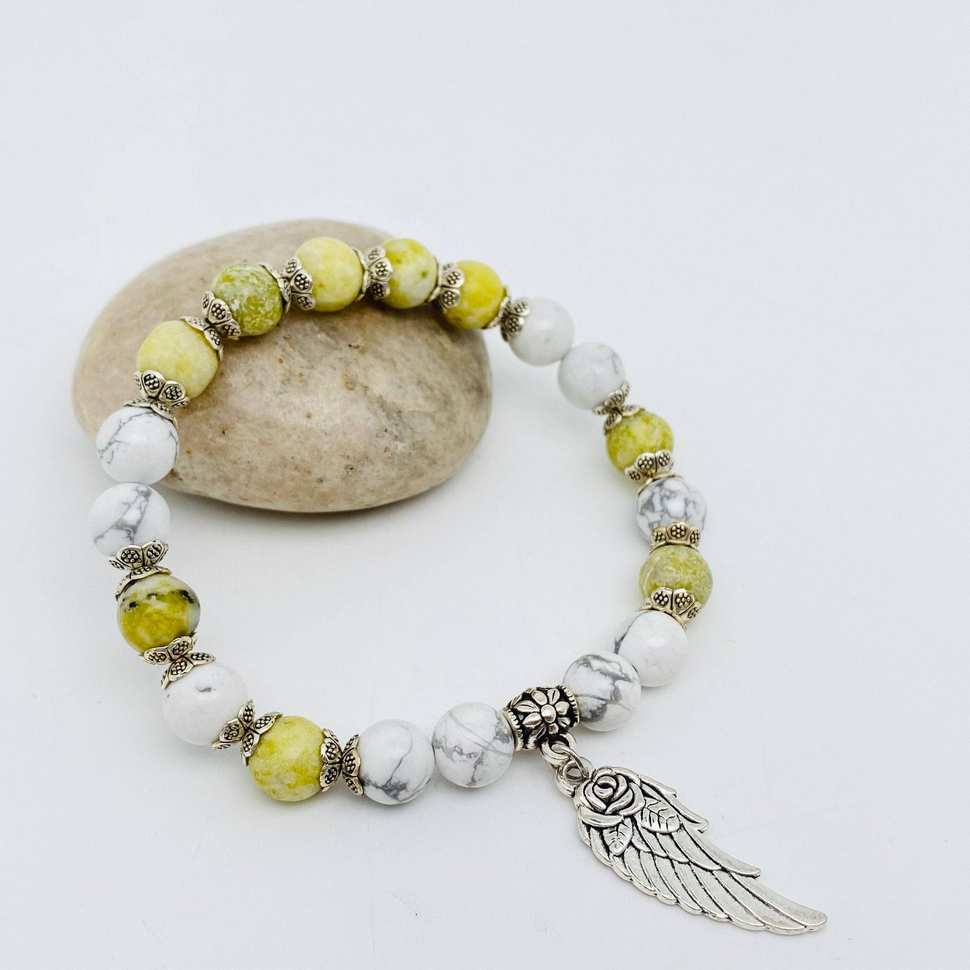 8mm Natural Stone Elastic Bracelets Wing Pendant: Green striped agate, 8MM-7.48inch