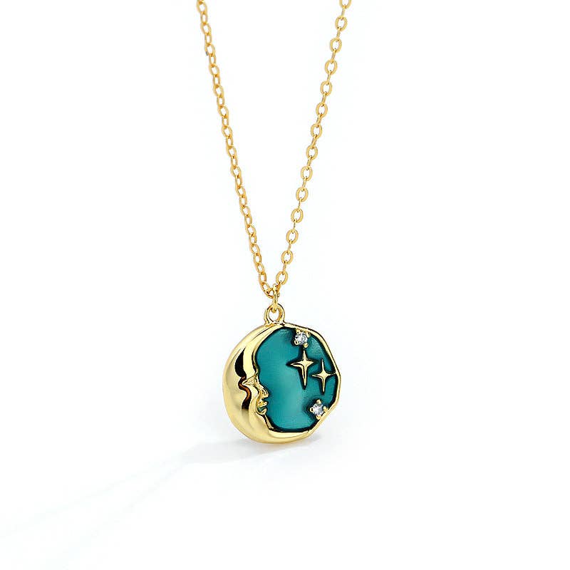 Moon Star Circle Charm Necklace in 925 Sterling Silver