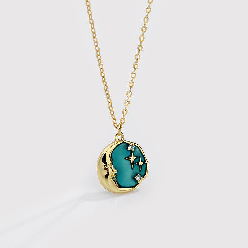 Moon Star Circle Charm Necklace in 925 Sterling Silver
