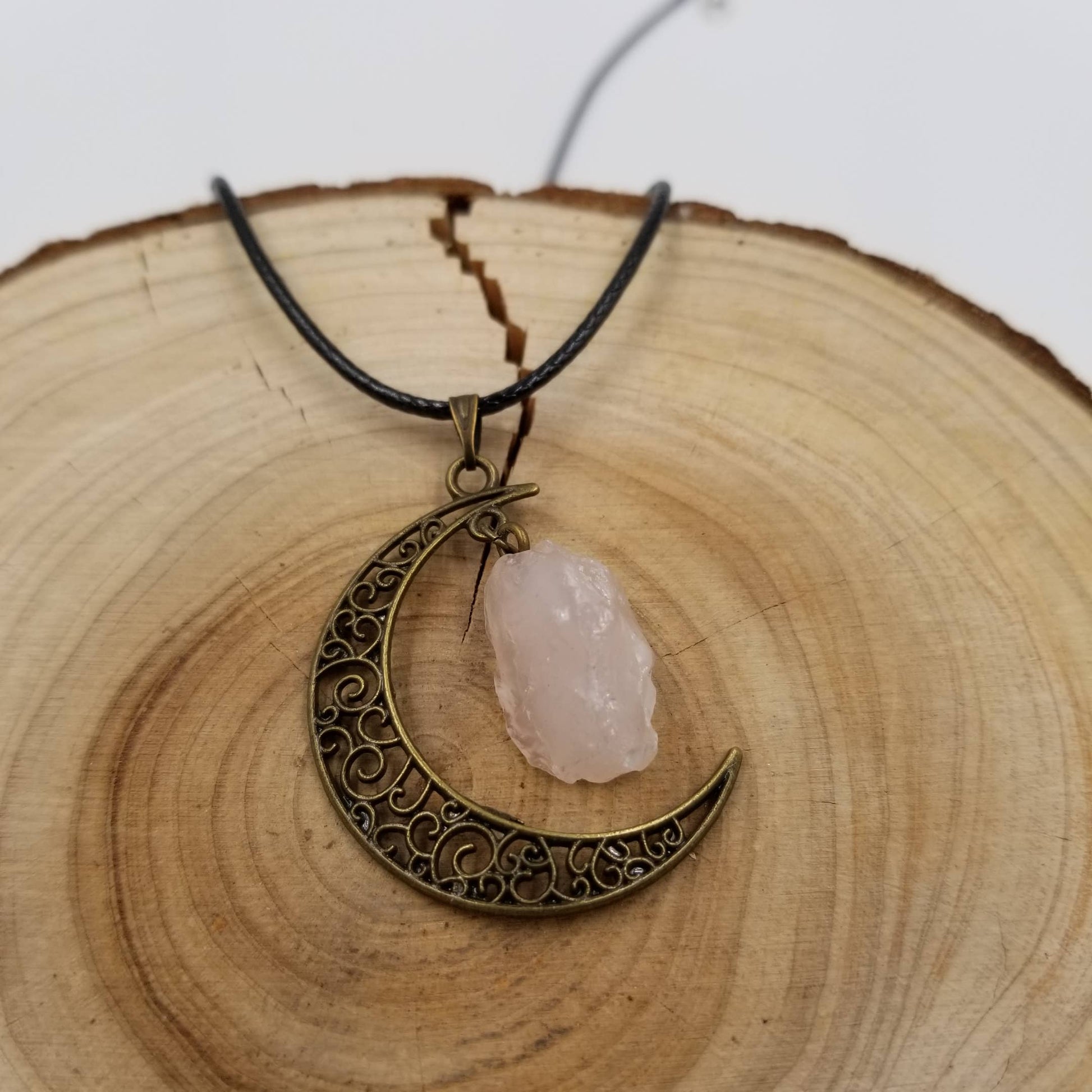 Bronze Natural Crystal Moon Pendant Necklace: Pink
