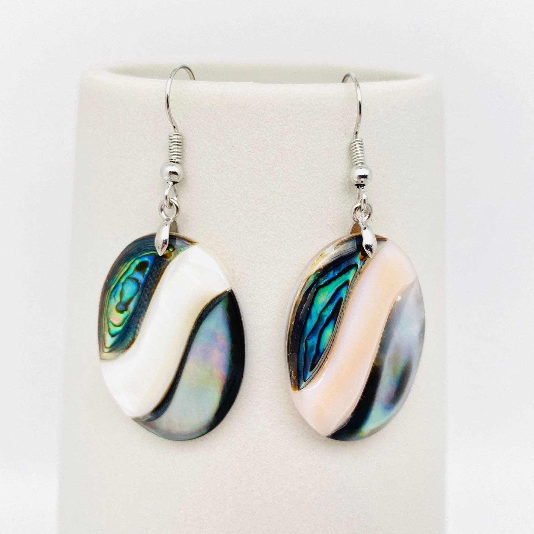 Abalone Shell Pendant Earrings - Oval Cream Waves