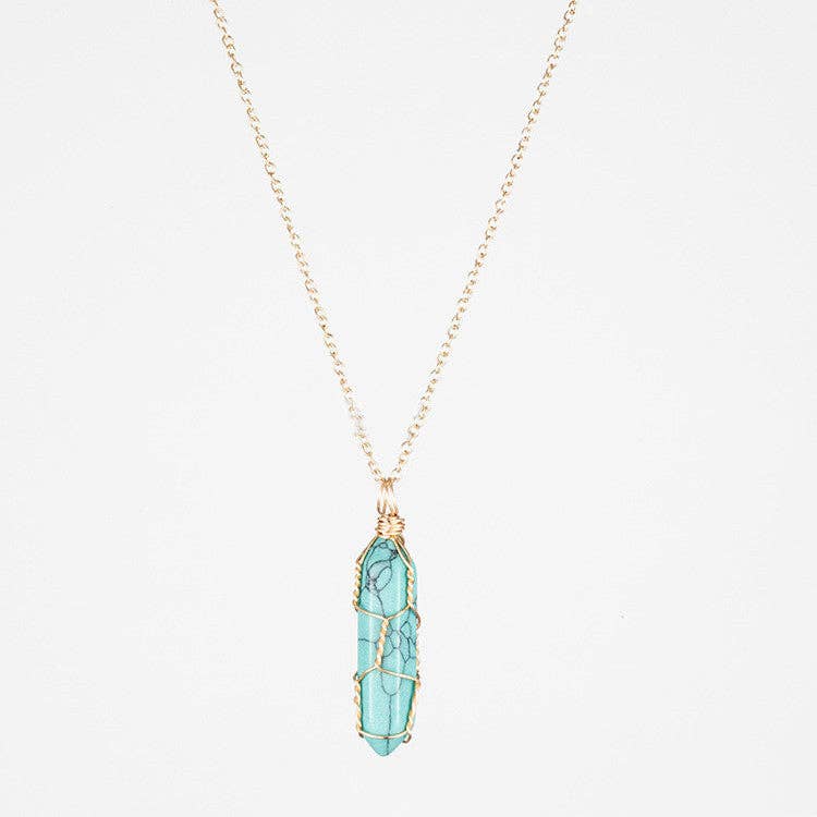 Natural Crystal Raw Stone Healing Necklace in Solid Copper: Silver, Malachite