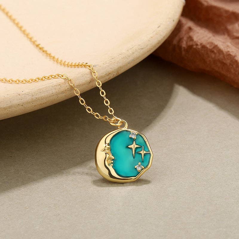 Moon Star Circle Charm Necklace in 925 Sterling Silver