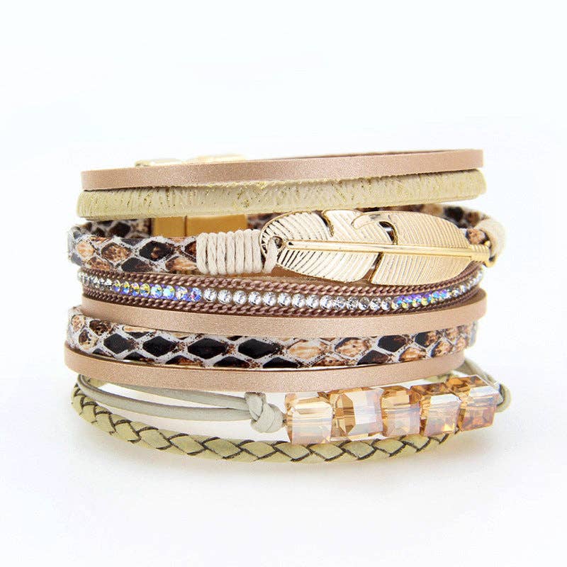 Bracelet - BOHO Feather Beaded Khaki Leather