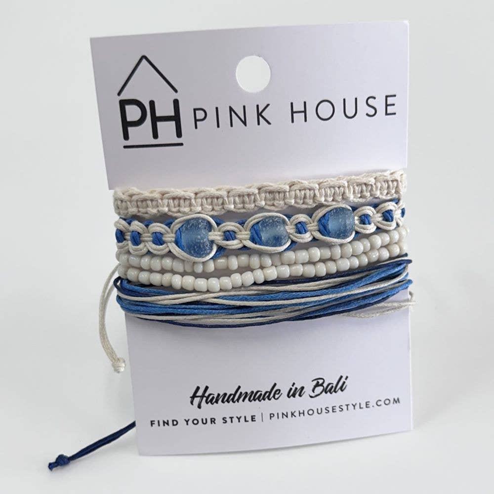 Arm Deco Beach Glass Pull Bracelets Set/4: Blue